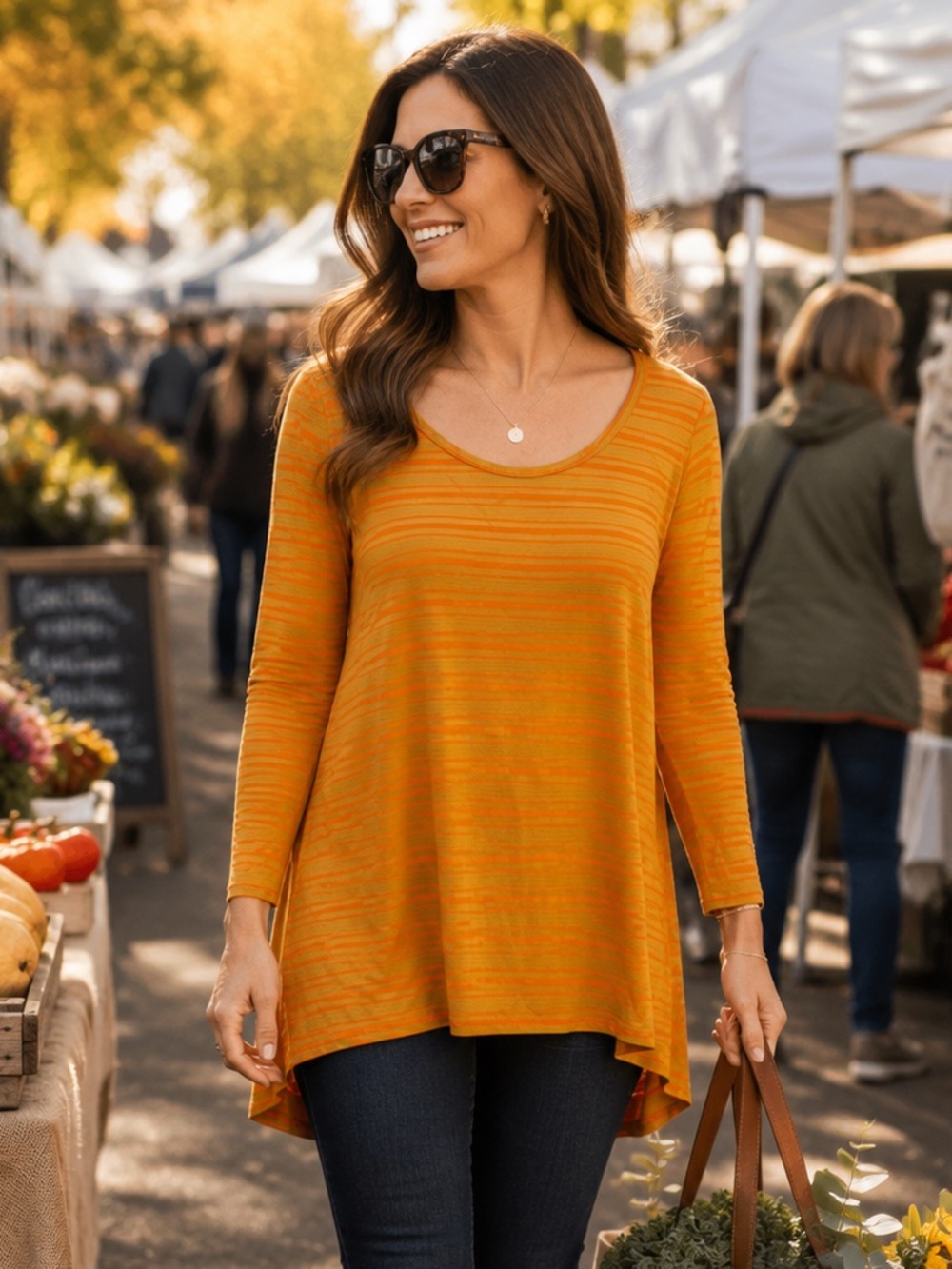 LuLaRoe Lynnae‎ Orange Mustard Stripe High Low Tunic Top Women's Large NWT